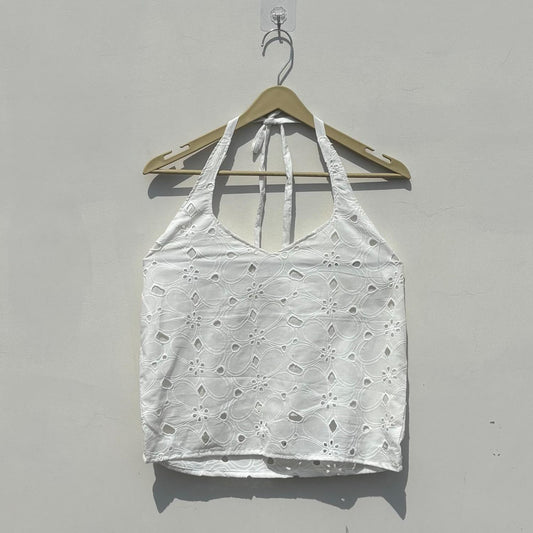 White Chikan Hakoba Halter Neck Removable Pads Top - Kj10440