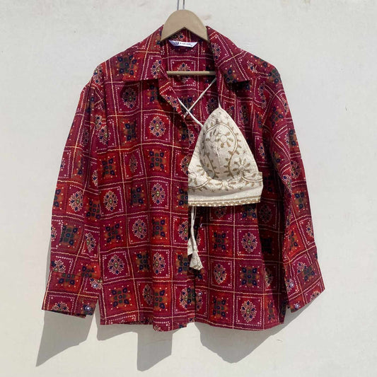 Red Bandhej Shirt and Chikan Foil Bra Combo - kj10014