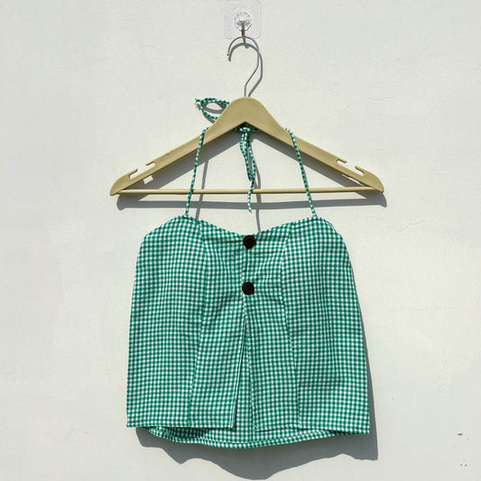 Green Checks Retro Removable Pads Top - KJ10407