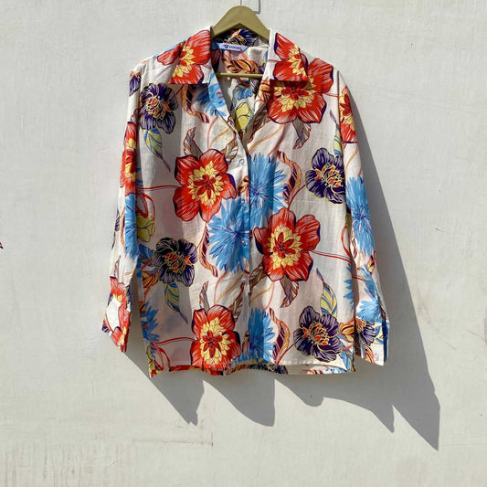 White Orange Blue Big Floral Mul Women Shirt - KJ10098