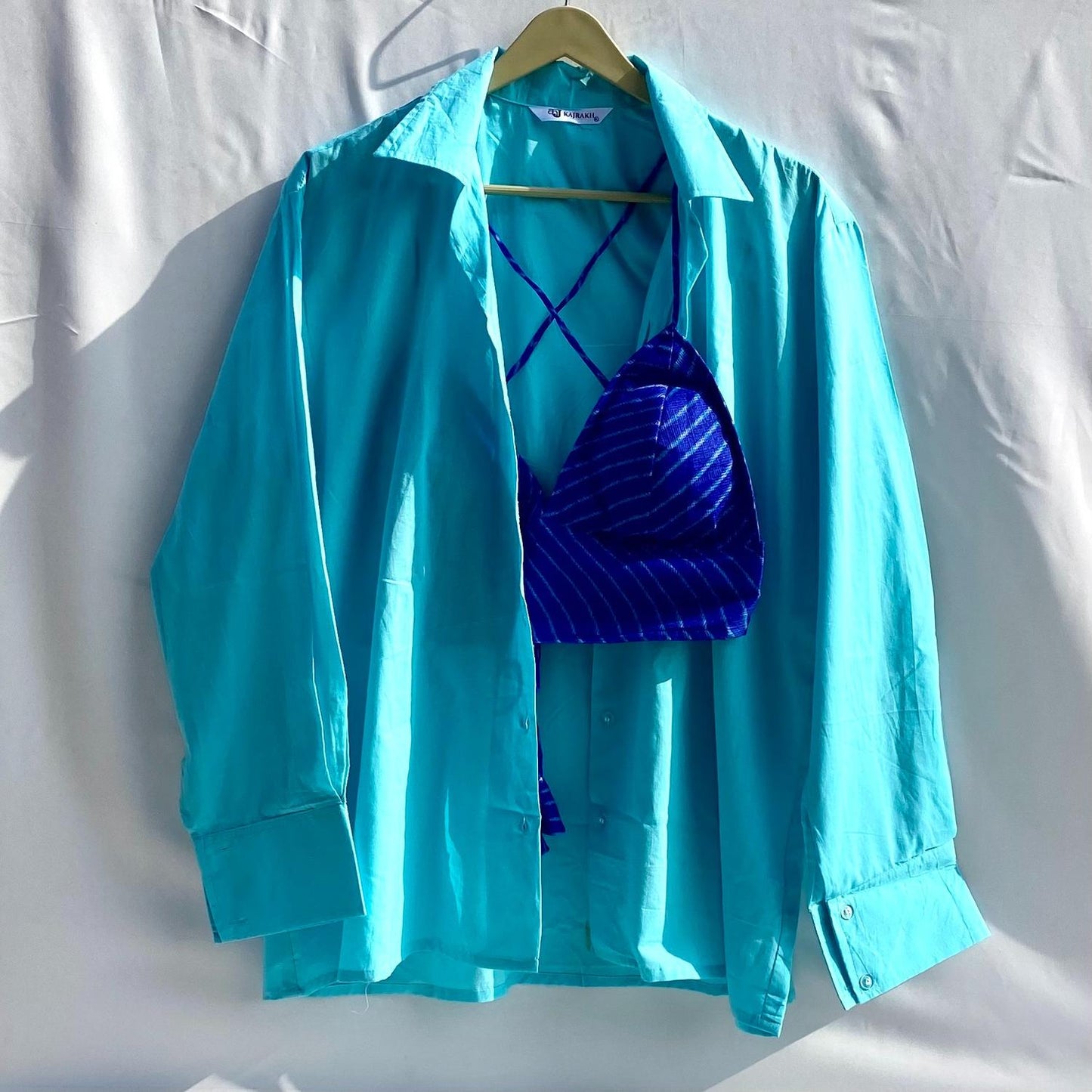 Sky Blue Plain Shirt and Blue Lehariya Bra Combo - KJ10327