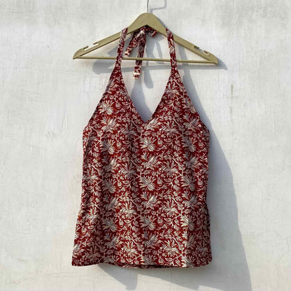 Maroon Kalamkari Halter Neck With Removable Pads Kurti Top - KJ10159