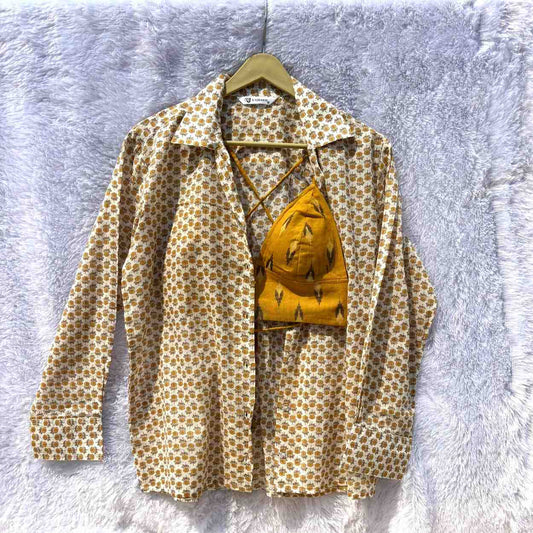 Cream Yellow Small Floral Mul Shirt and Ikat Bra Combo - KJ10373