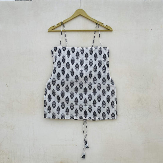 White Black Pailey Straight Neck Kurti Top - KJ10087