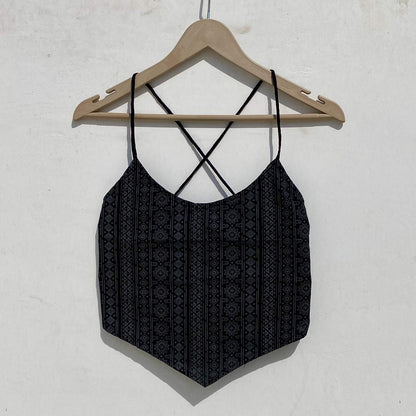 Black Self Print Back Knot Crop Shirt - KJ0966