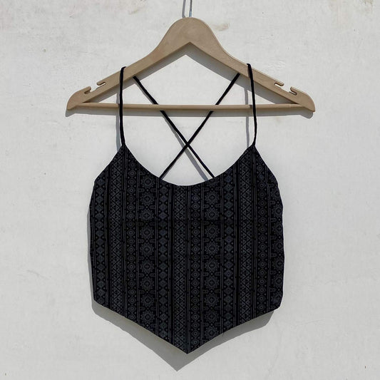 Black Self Print Back Knot Crop Shirt - KJ0966