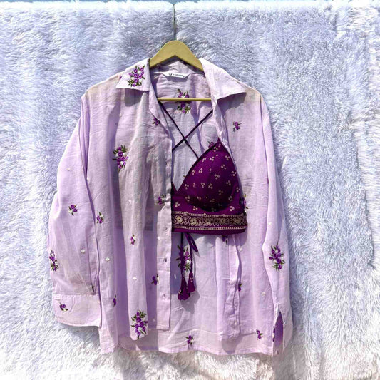 Thread Embroidery Lavender Shirt and Purple Bandhej Bra Combo - KJ10374
