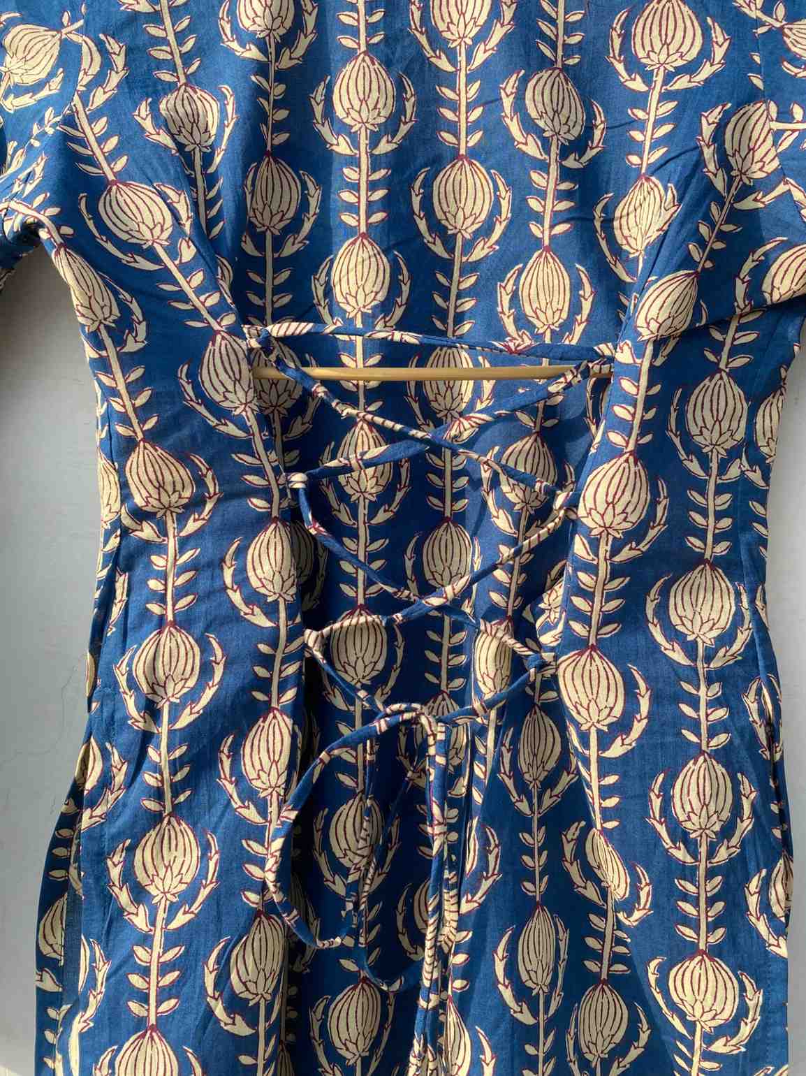 Blue Handblock Back Criss Cross Kurti Top - KJ10146