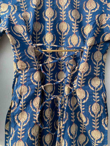 Blue Handblock Back Criss Cross Kurti Top - KJ10146