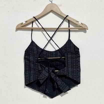 Black Self Print Back Knot Crop Shirt - KJ0966