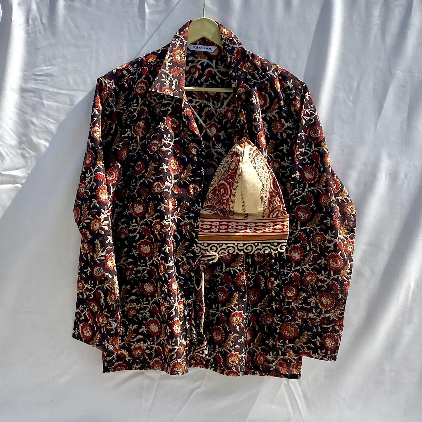 Black Kalamkari Jaal Pure Handblock Mulmul Shirt and Bra Combo - KJ10354