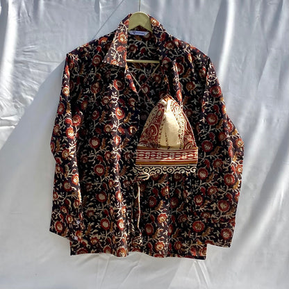 Black Kalamkari Jaal Pure Handblock Mulmul Shirt and Bra Combo - KJ10354