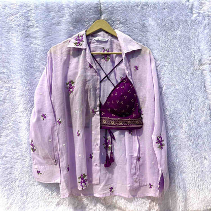 Thread Embroidery Lavender Shirt and Purple Bandhej Bra Combo - KJ10374