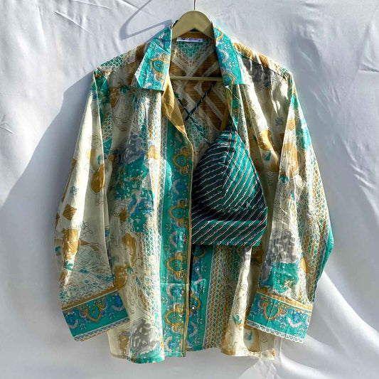 Cream Blue Floral Shirt and Lehariya Bra Combo - KJ10328