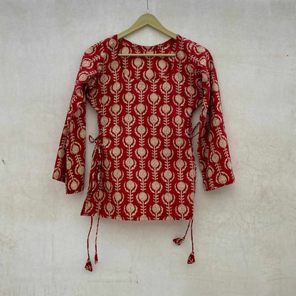 Red Rust Handblock Side Criss Cross Kurti Top - KJ10089