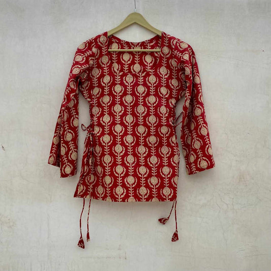 Red Rust Handblock Side Criss Cross Kurti Top - KJ10089