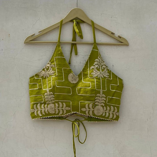 Olive Green Gotta Embroidery Halterneck Criss Cross Removable Pads Top - KJ10186