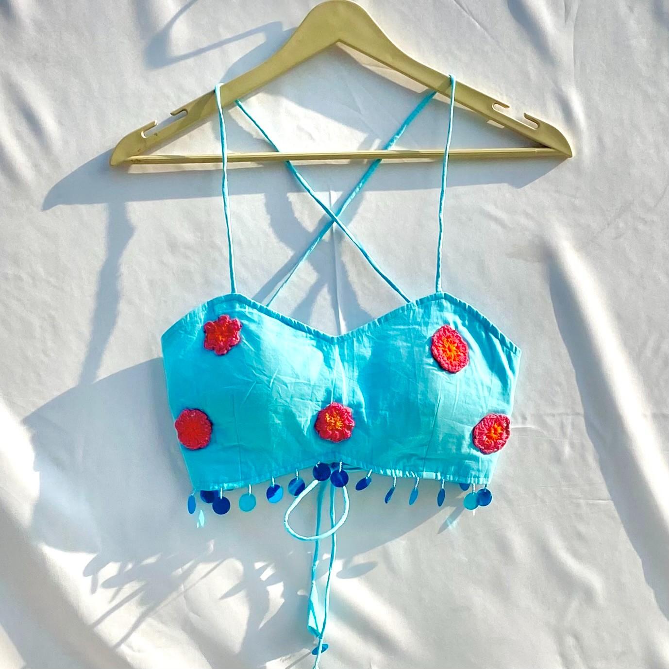 Valentine's Day Collection Blue Floral Patch Removable Pads Bra - KJ10306