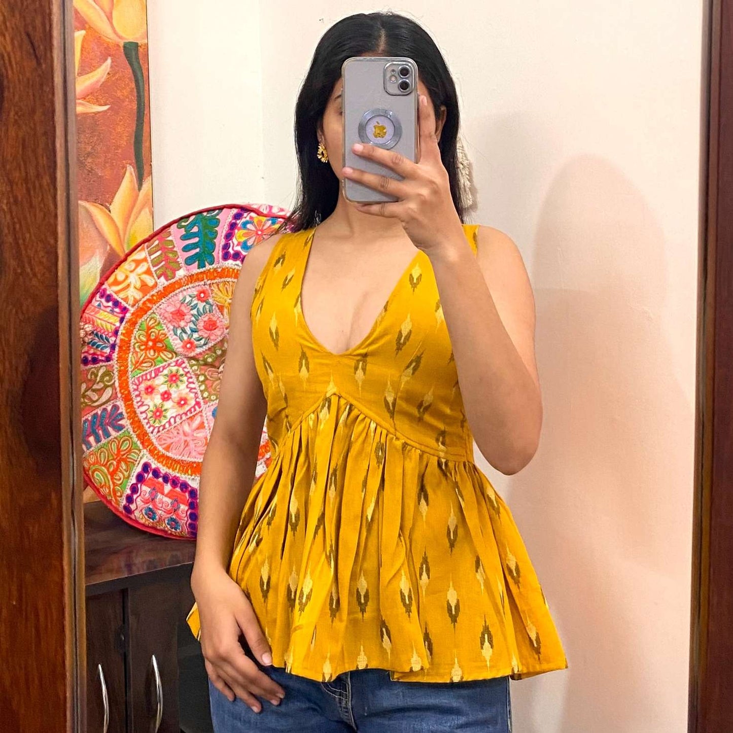 Mustard Ikat Deep V Neck Cut Sleeves Top - KJ10315