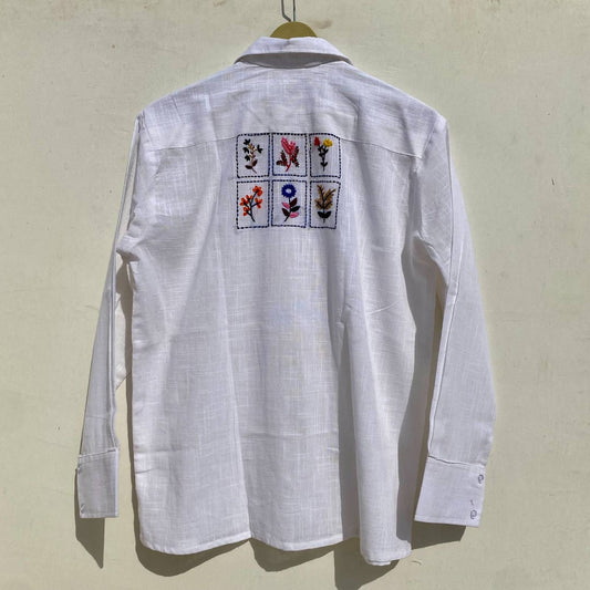 White 6 Box Embroidery Cotton Women Shirt - KJ0998
