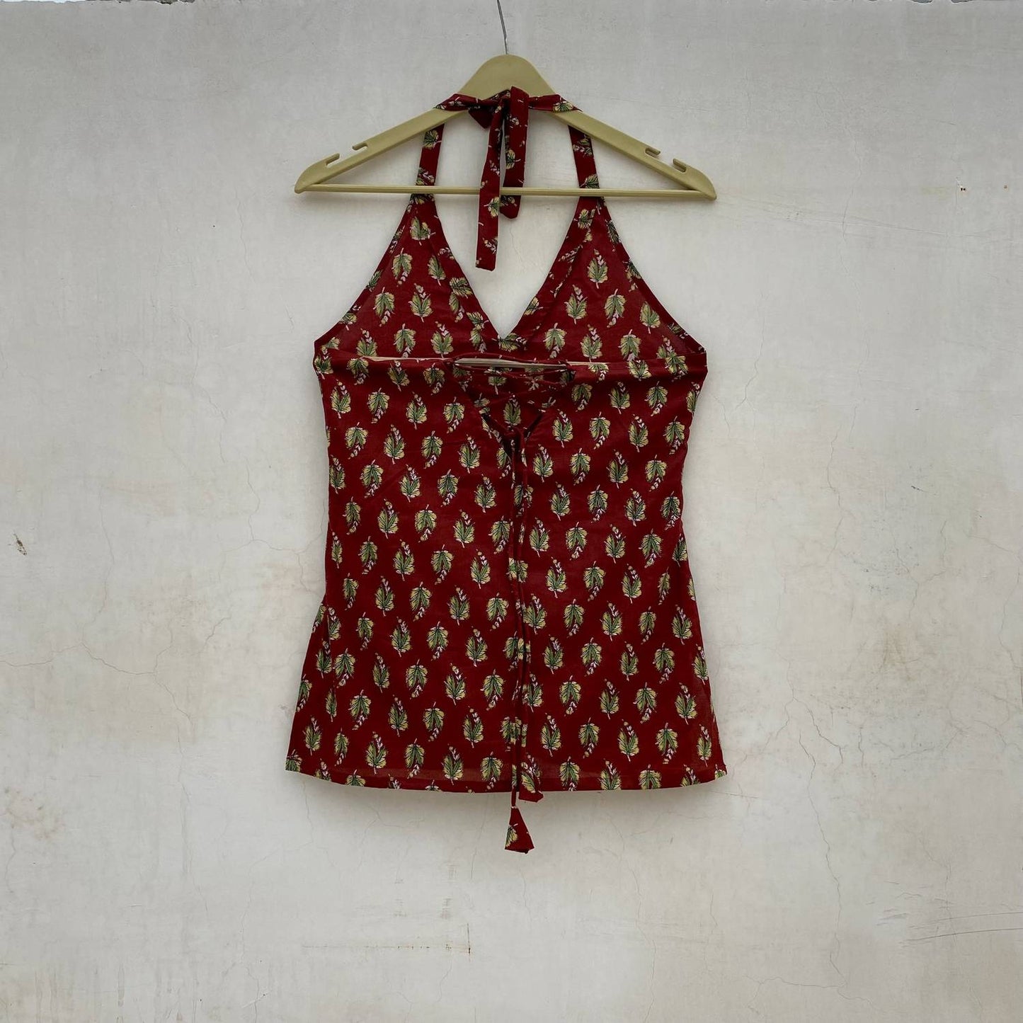 Maroon Leaf Halter Neck Criss Cross Kurti Top - KJ10088