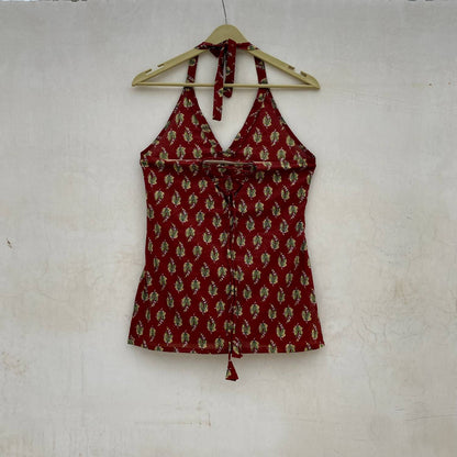 Maroon Leaf Halter Neck Criss Cross Kurti Top - KJ10088