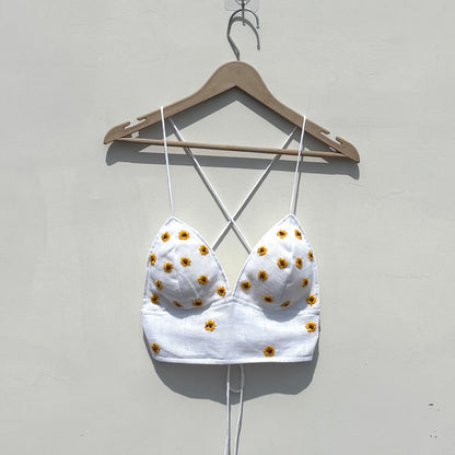 White Sunflower Embroidery Removable Pads Bra - KJ10401