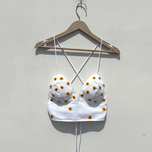 White Sunflower Embroidery Removable Pads Bra - KJ10401