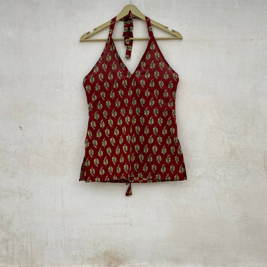 Maroon Leaf Halter Neck Criss Cross Kurti Top - KJ10088