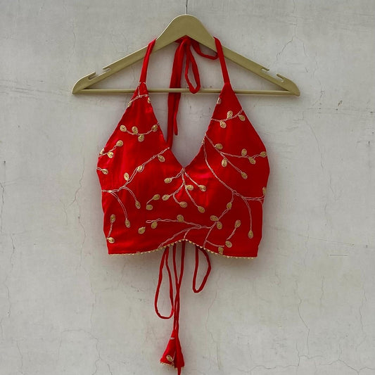 Red Piton Embroidery Halterneck Criss Cross Removable Pads Top - KJ10187