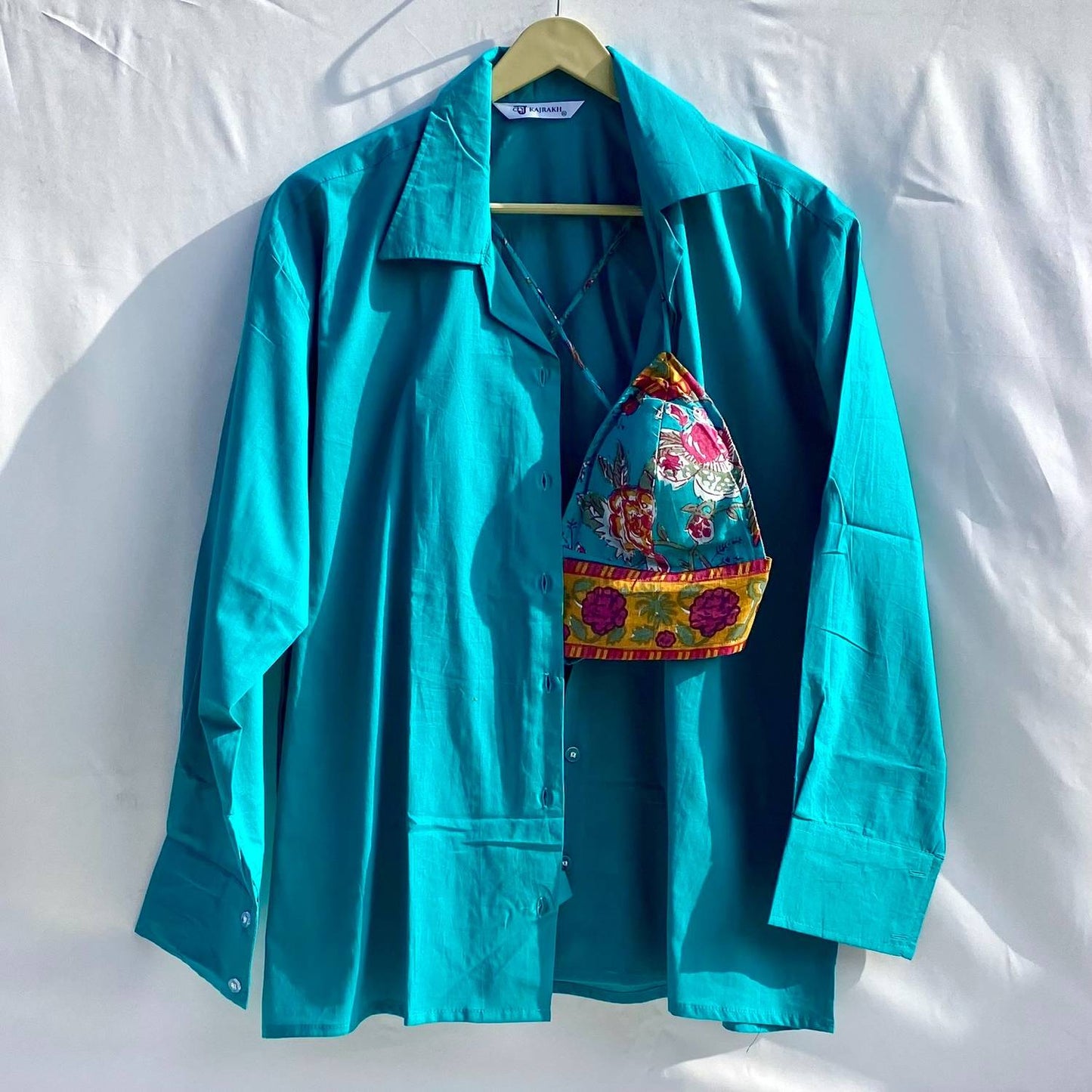 Teal Plain Shirt and Floral Bra Combo - KJ10324