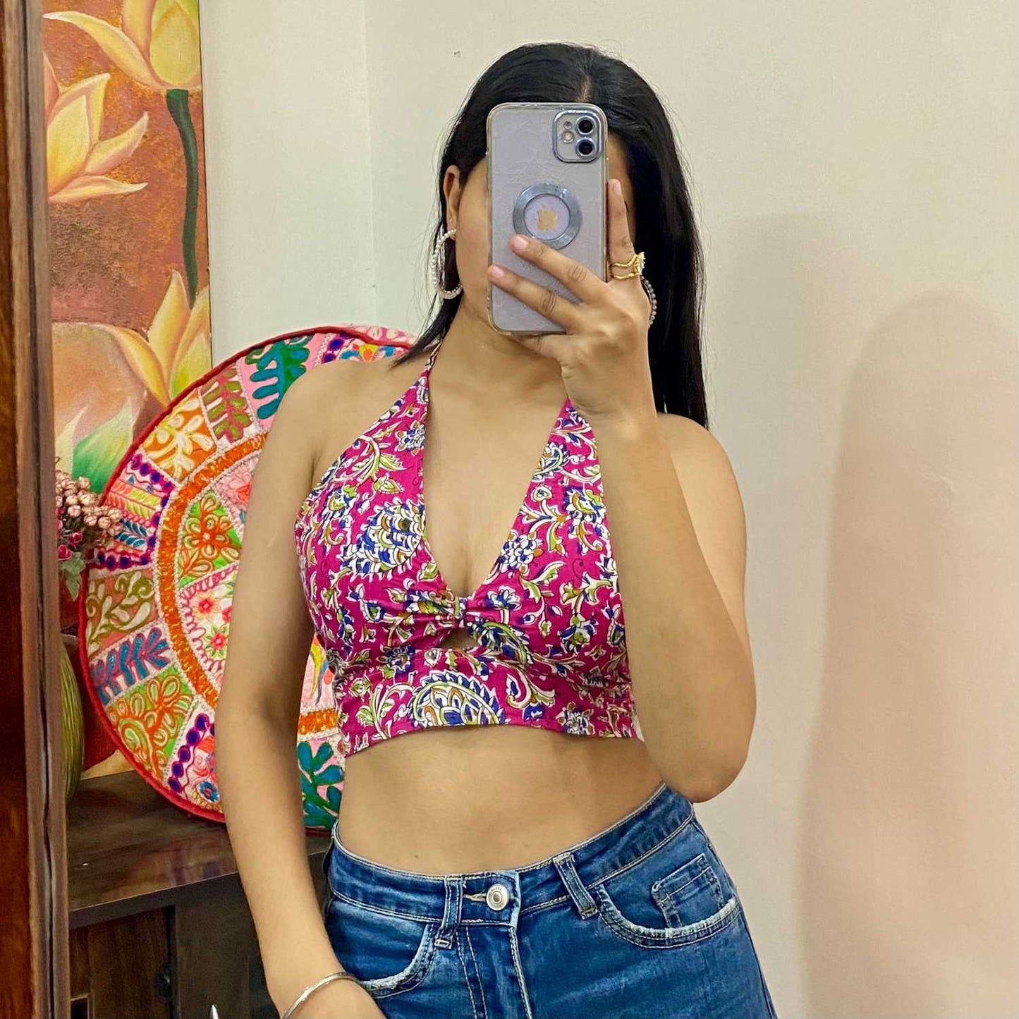 Pink Jaal Criss Cross Removable Pads Top - KJ10318