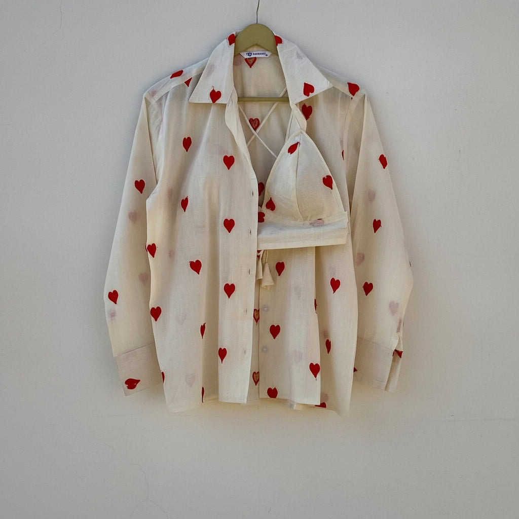 Red Heart Embroidery Shirt and Bra Combo - KJ10267