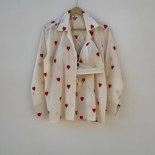 Red Heart Embroidery Shirt and Bra Combo - KJ10267