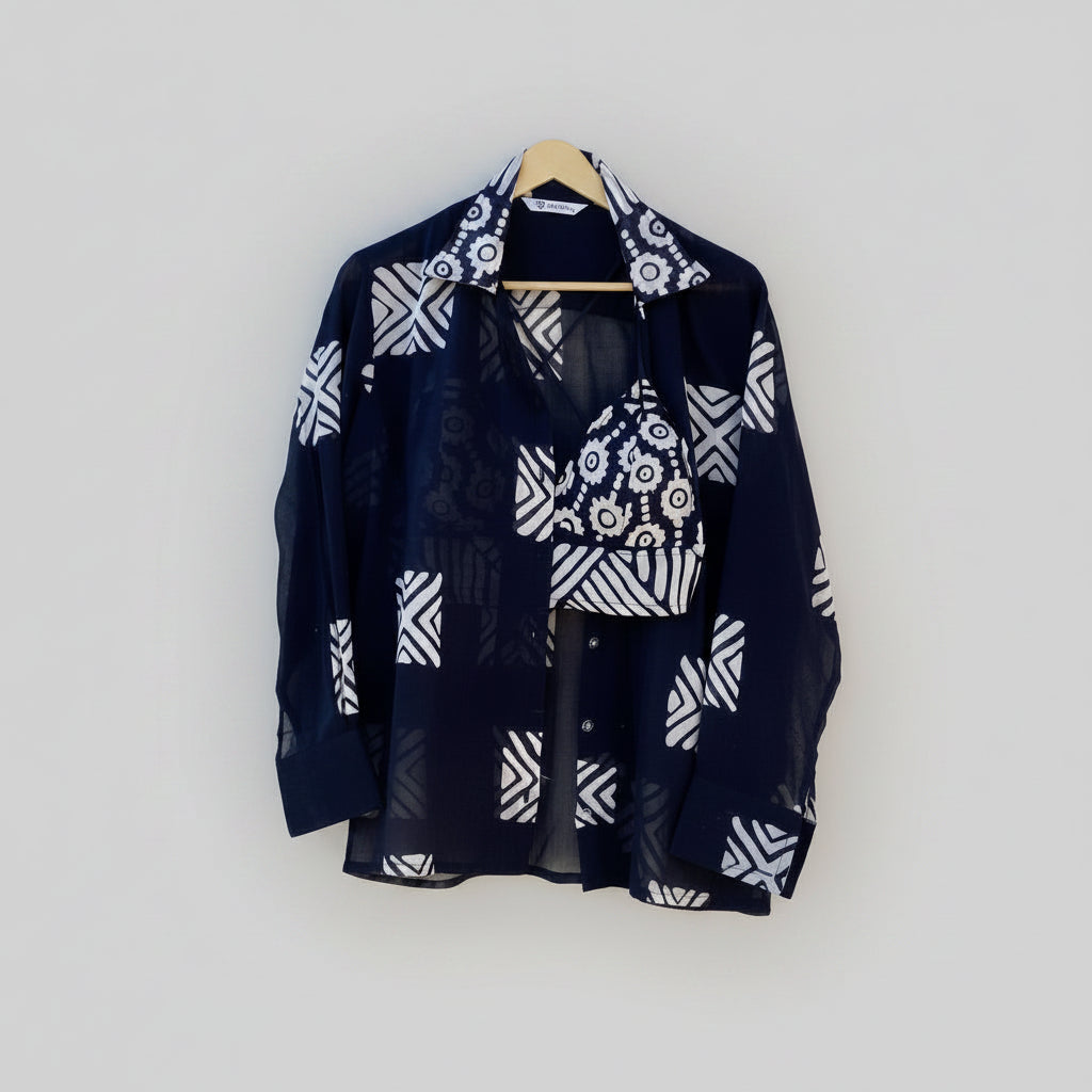 Black Patch Abstract Shirt and Bra Combo - KJ10266