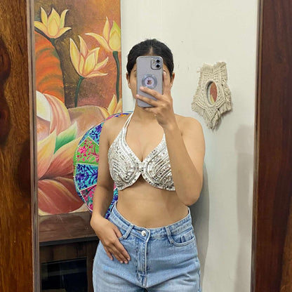 Silver Sequin Hand Embroidery Bralette  - KJ10290