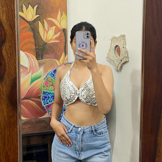 Silver Sequin Hand Embroidery Bralette  - KJ10290