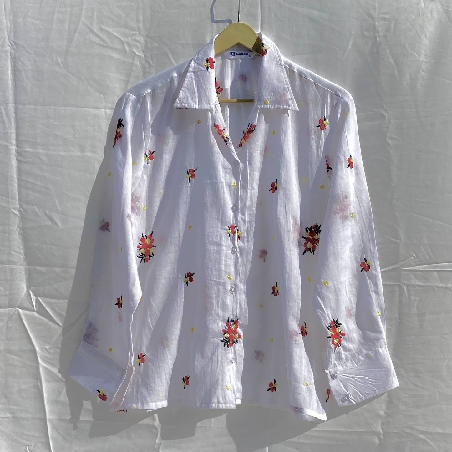 White Floral Embroidery Women Shirt - KJ10255