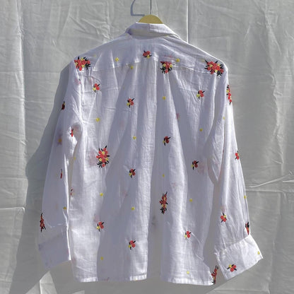 White Red Floral Embroidery Shirt and Bra Combo - KJ10271
