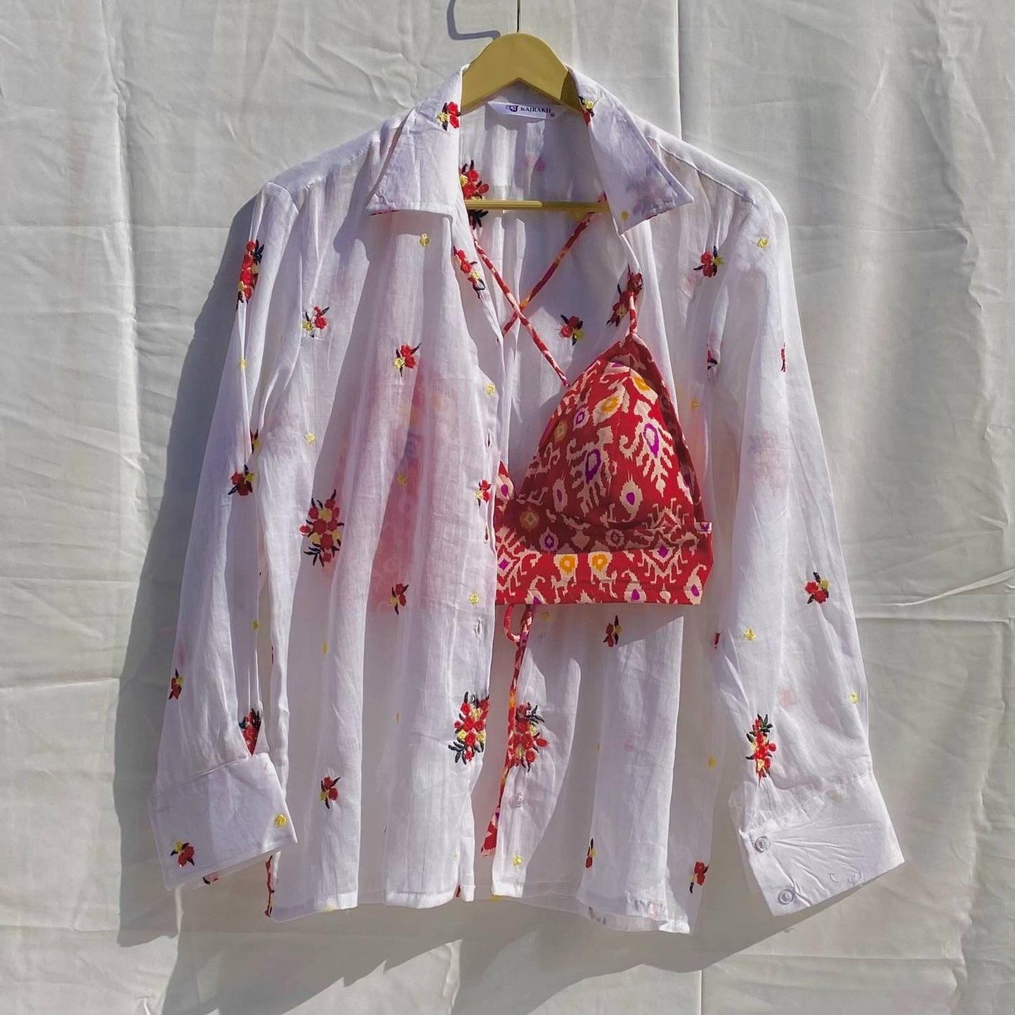 White Red Floral Embroidery Shirt and Bra Combo - KJ10271