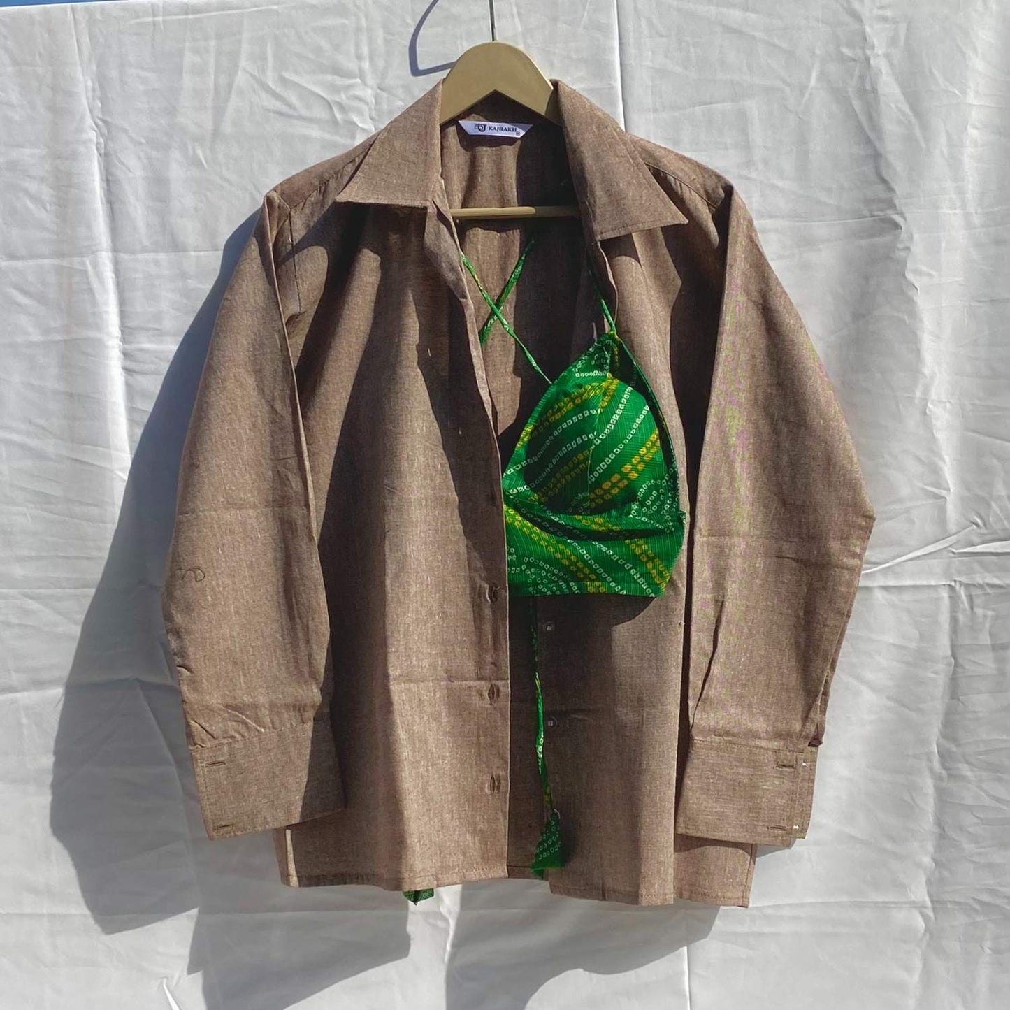 Brown Khadi Shirt and Green Lehariya Kota Doria Bra Combo - KJ10282