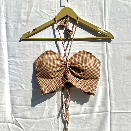 Cream Brown Checks Frill Halter Neck Removable Pads Top - KJ10265