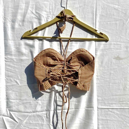 Cream Brown Checks Frill Halter Neck Removable Pads Top - KJ10265