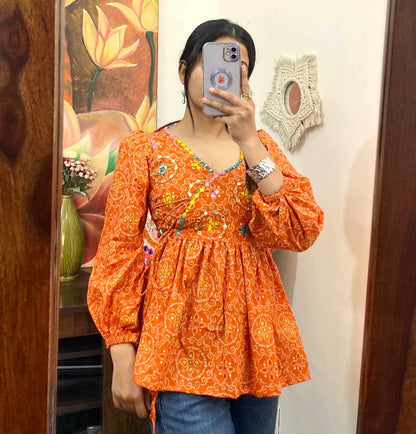 Orange Bandhej Hand Embroidery Work Angrakha Full Sleeves Cotton Removable Pad Kurti Top - KJ10349