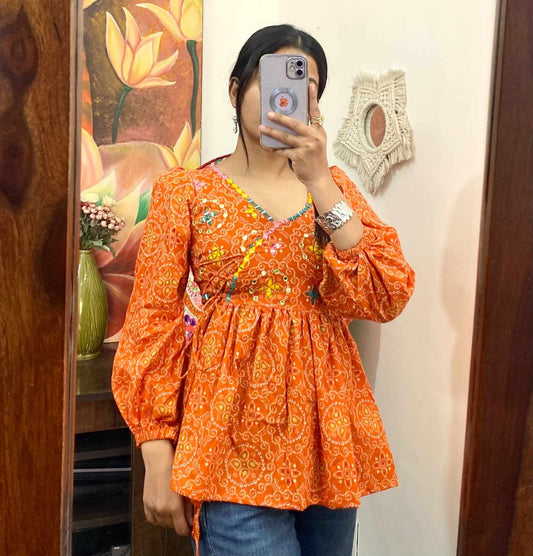 Orange Bandhej Hand Embroidery Work Angrakha Full Sleeves Cotton Removable Pad Kurti Top - KJ10349