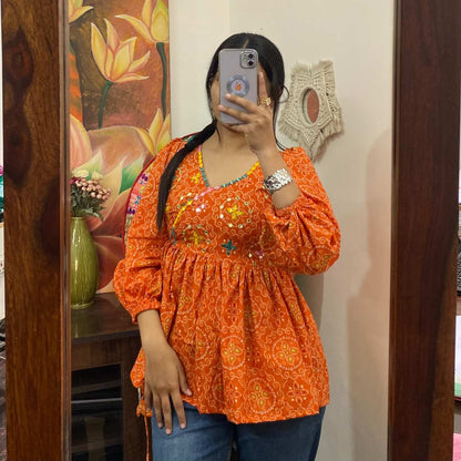 Orange Bandhej Hand Embroidery Work Angrakha Full Sleeves Cotton Removable Pad Kurti Top - KJ10349