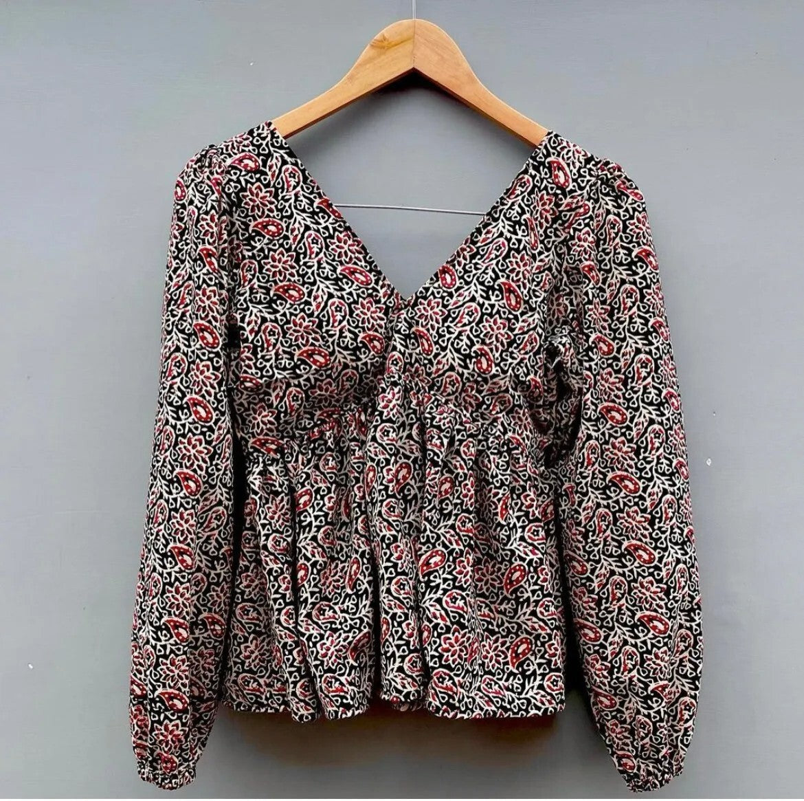 Black Kalamkari Deep Neck Full Puff Sleeves Cotton Top - KJ0105 (( Clearance Sale ))