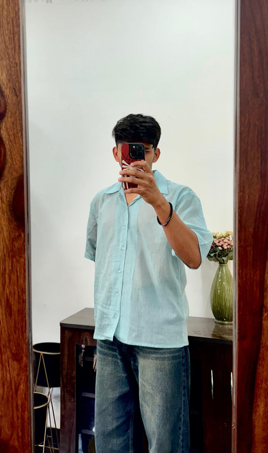 Light Blue Mul Oversized Shirt – Pure Cotton | Light, Breathable, Easy Care - AA10124