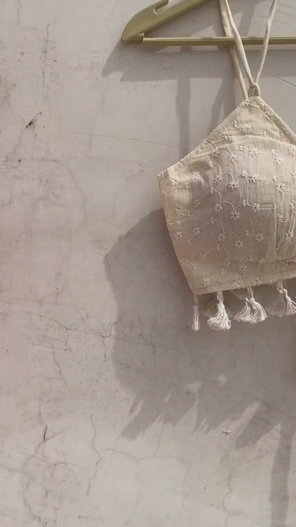 Off White Chikan With Pom Pom Removable Pads Top Bralette - KJ10180