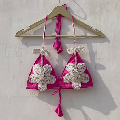 Pink White Floral Crochet Patch Work Removable Pads Bra - KJ10161